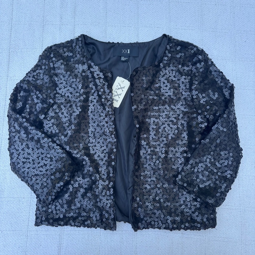 Women's Small Y2K XXI Forever 21 Black Sequin Cropped 3/4 Open Blazer Jacket NWT
